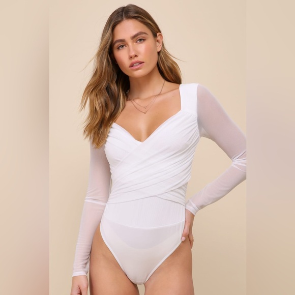 Lulus Sheer Confidence White Mesh Ruched Long Sleeve Bodysuit - Picture 4 of 8
